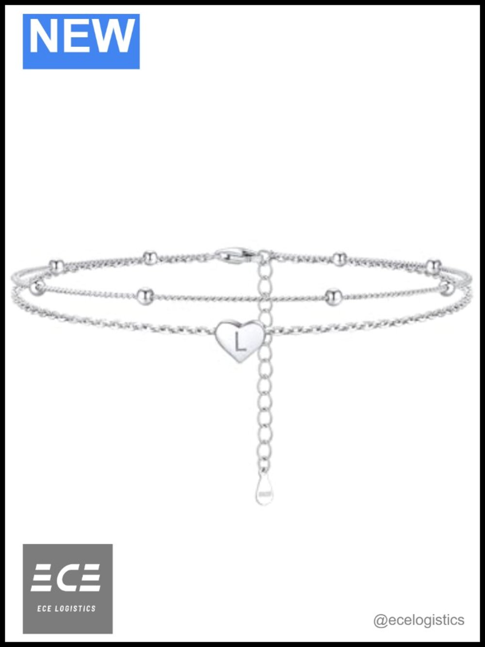 Sterling Silver Initial Anklet Waterproof Heart Charm Adjustable 8.7-10.7 in